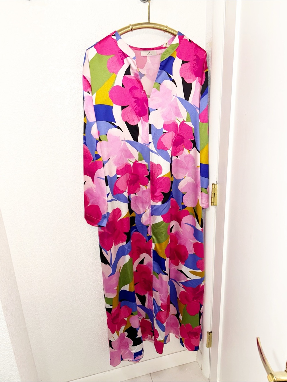 NATORI Plus The Printed Satin Zip Caftan in Bonita Floral Print SZ; 2-XL